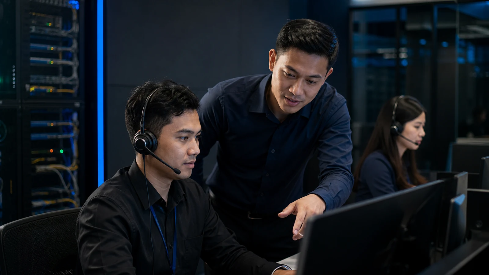 Engineer guiding an agent during VICIdial testing