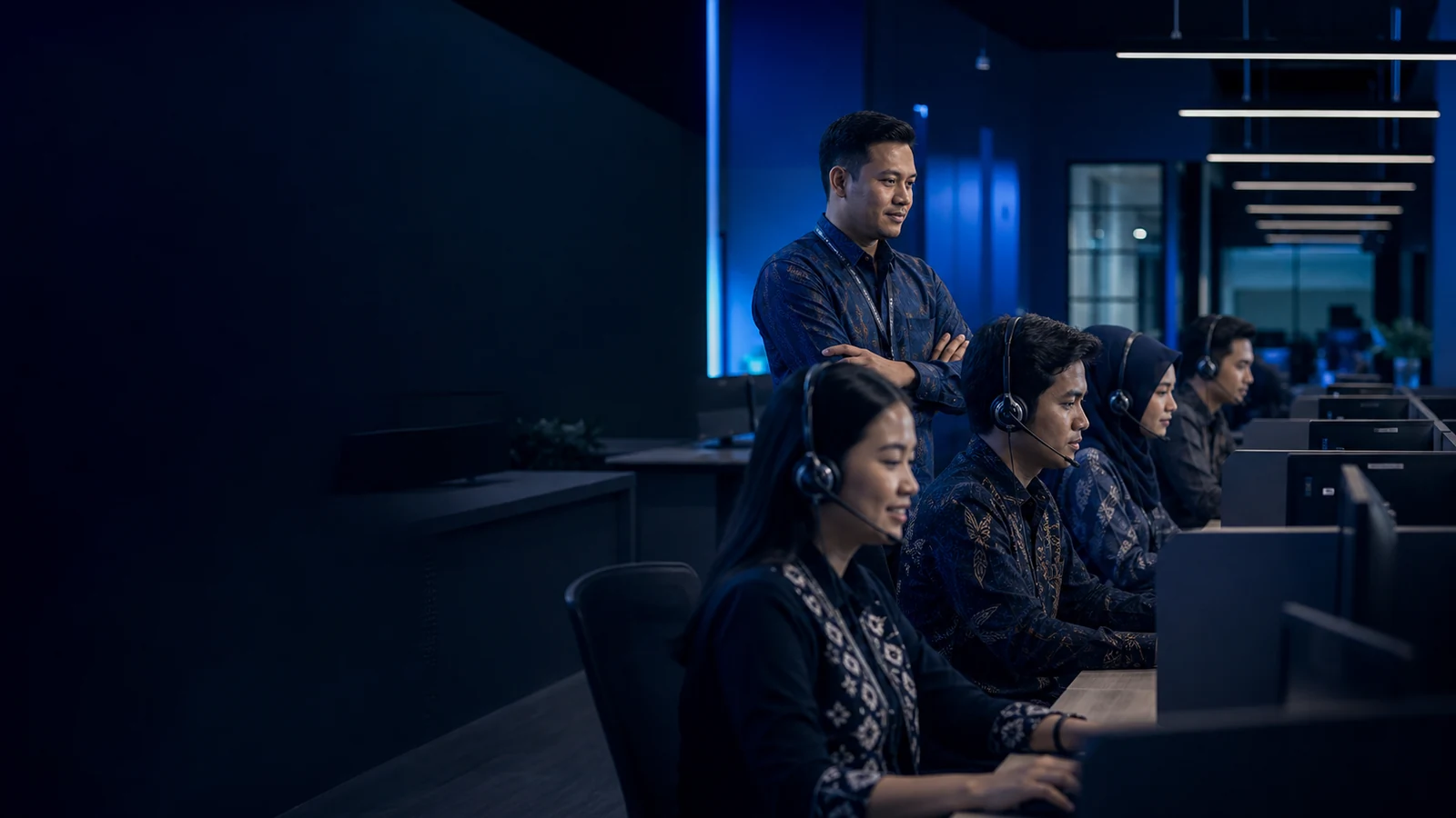 Indonesian contact-center agents working with a supervisor