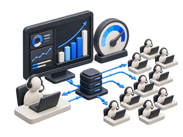 Rising contact-center performance dashboard connected to a growing agent team